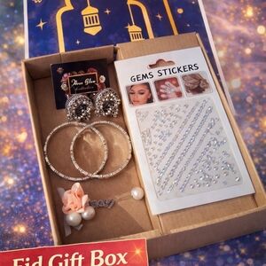 Luxury Adult Silver Eid Gift Set 2.6 Bangles + Jumka + Hair/Nail Gems ,Hijab Pin